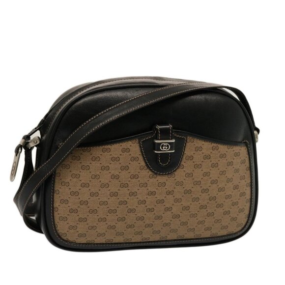 GUCCI Micro GG Canvas Shoulder Bag PVC Leather Beige Black Auth - Picture 1 of 16